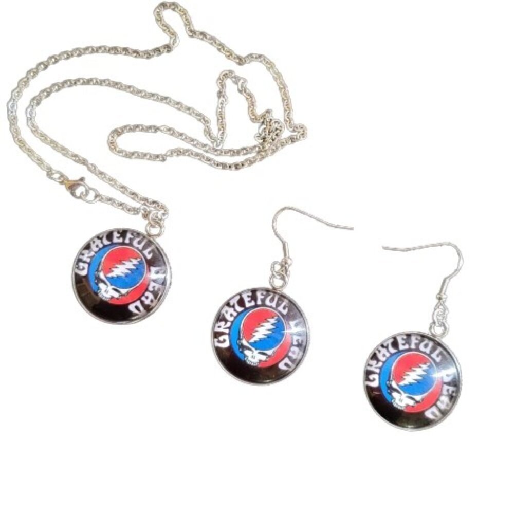 Grateful Dead Steal Your Face Necklace-Earring Set Glass Photo Cabochon Pendants